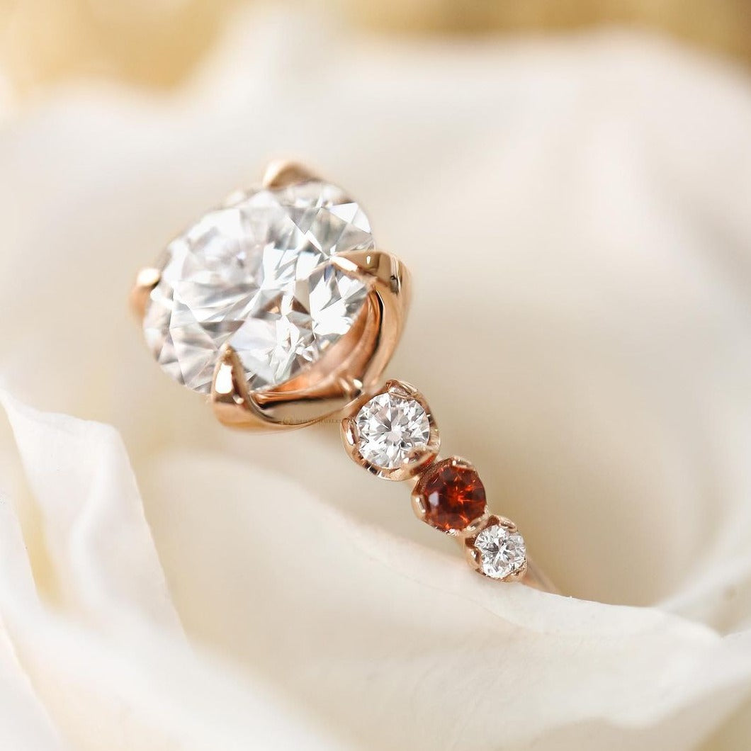 Rose Gold Diamond Ring with Garnet Side Stones Brilyo Jewelry