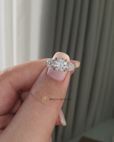 Custom Three-Stone Ring with Pavé Band