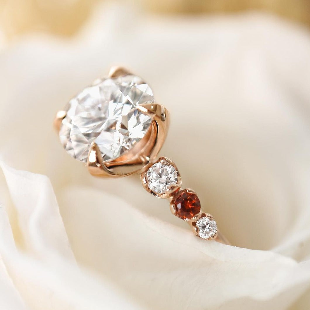 Rose Gold Diamond Ring with Garnet Side Stones