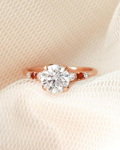 Rose Gold Diamond Ring with Garnet Side Stones