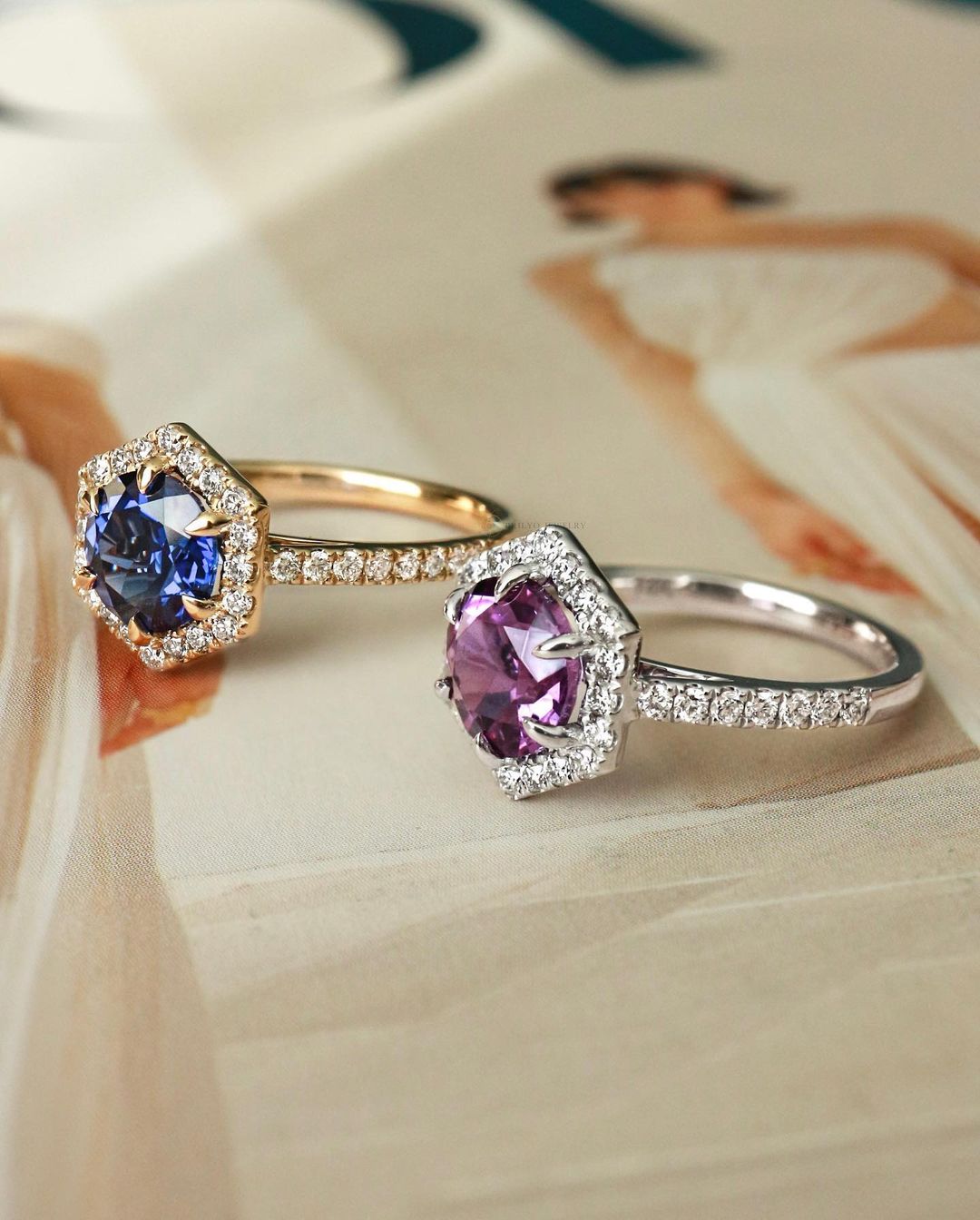 Sapphire and Amethyst Rings with Hexagon Halo