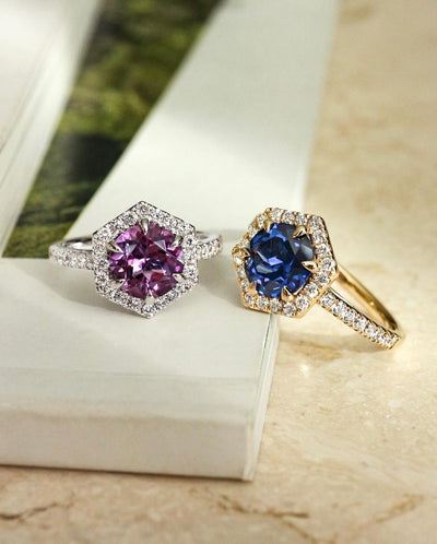 Sapphire and Amethyst Rings with Hexagon Halo